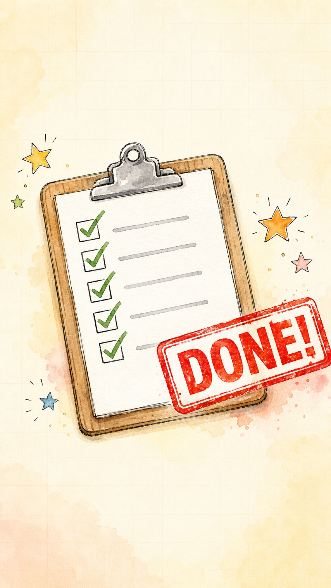 A clipboard with checked items and a red DONE stamp, surrounded by stars