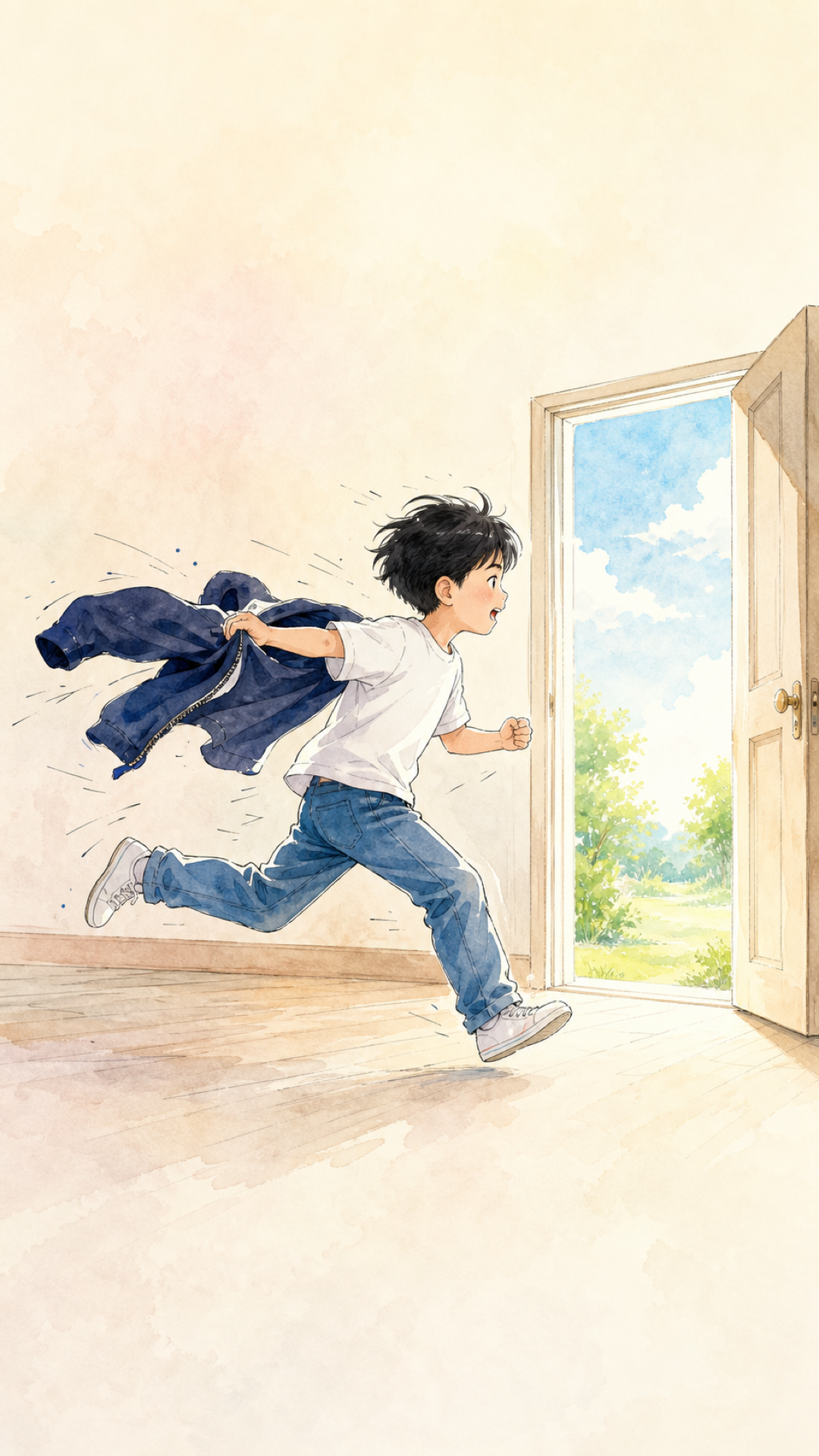 A boy mid-stride pulling off his jacket as he runs toward an open doorway with sunshine