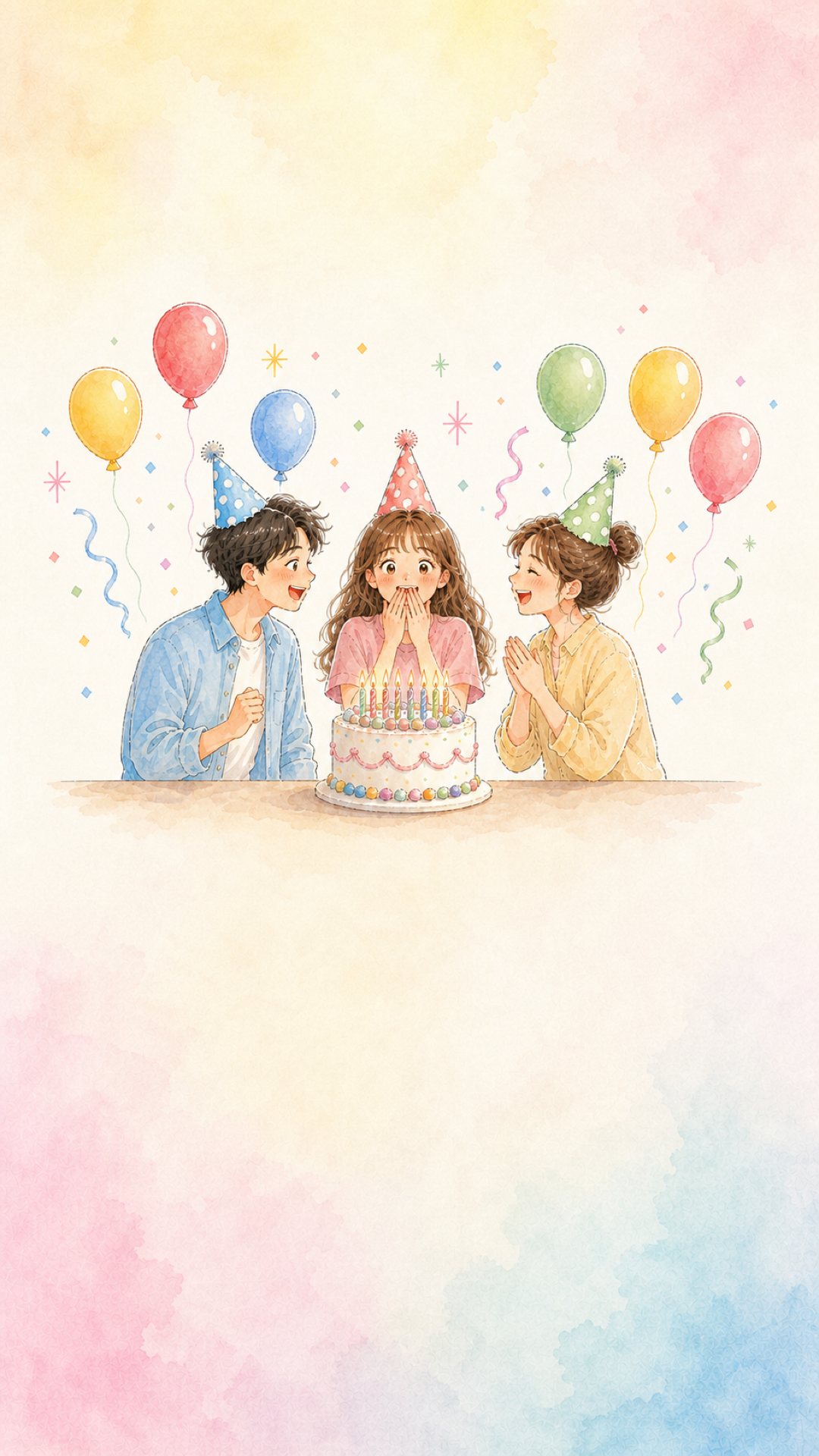 Three friends in party hats around a birthday cake, balloons and confetti everywhere