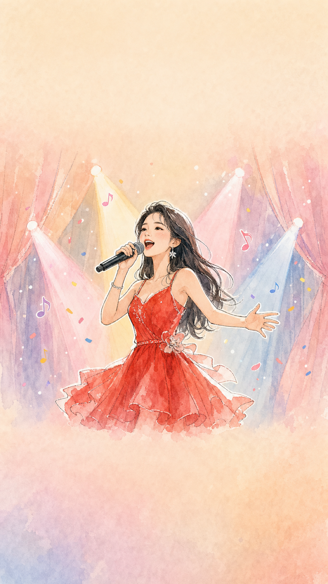 A young woman in a red dress singing on stage with spotlights and floating music notes