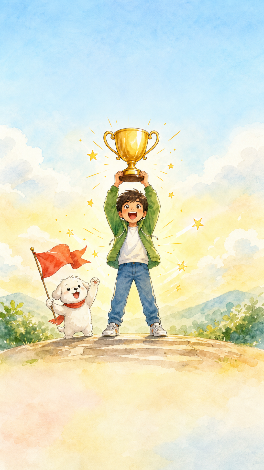 A boy in a green hoodie holding a golden trophy overhead while a small white dog cheers beside him